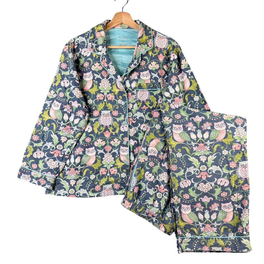Nick & Nora Owl Floral Damask Cotton Pajama Set Gray Pink Blue Size Medium